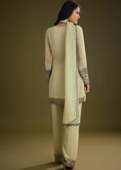 Mint Green Georgette Beads Kurta Set With Tassels Bordered Dupatta