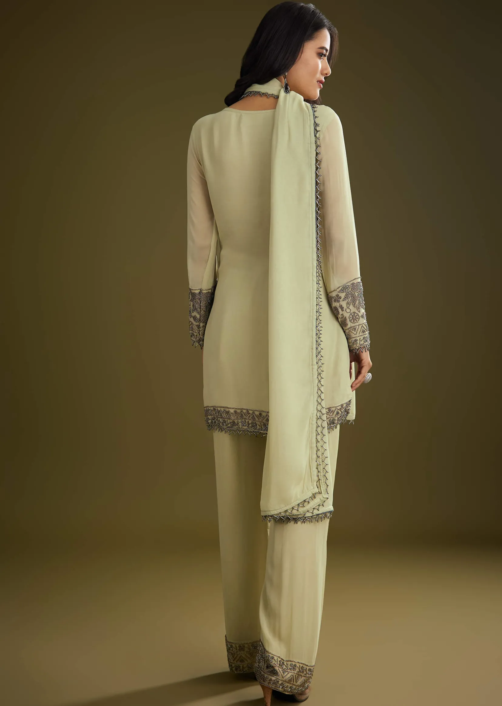 Mint Green Georgette Beads Kurta Set With Tassels Bordered Dupatta
