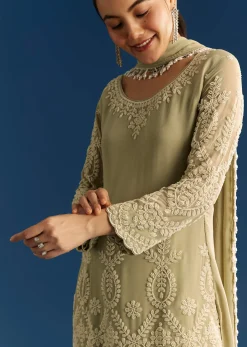 Mint Green Georgette Kurta Set With Beaded Tassel Dupatta