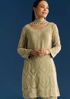 Mint Green Georgette Kurta Set With Beaded Tassel Dupatta