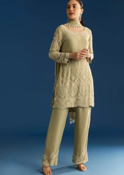 Mint Green Georgette Kurta Set With Beaded Tassel Dupatta