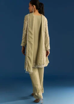 Mint Green Georgette Kurta Set With Beaded Tassel Dupatta