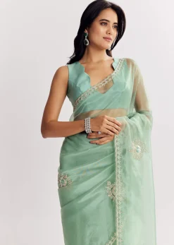Mint Green Glass Tissue Saree With Cutdana And Sequins Embroidery