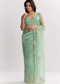 Mint Green Glass Tissue Saree With Cutdana And Sequins Embroidery