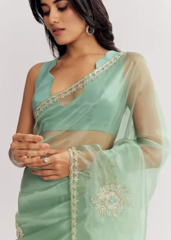 Mint Green Glass Tissue Saree With Cutdana And Sequins Embroidery