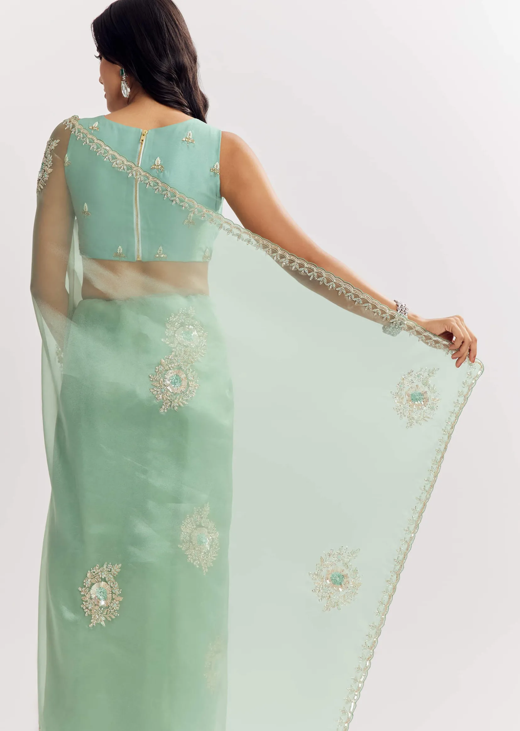 Mint Green Glass Tissue Saree With Cutdana And Sequins Embroidery