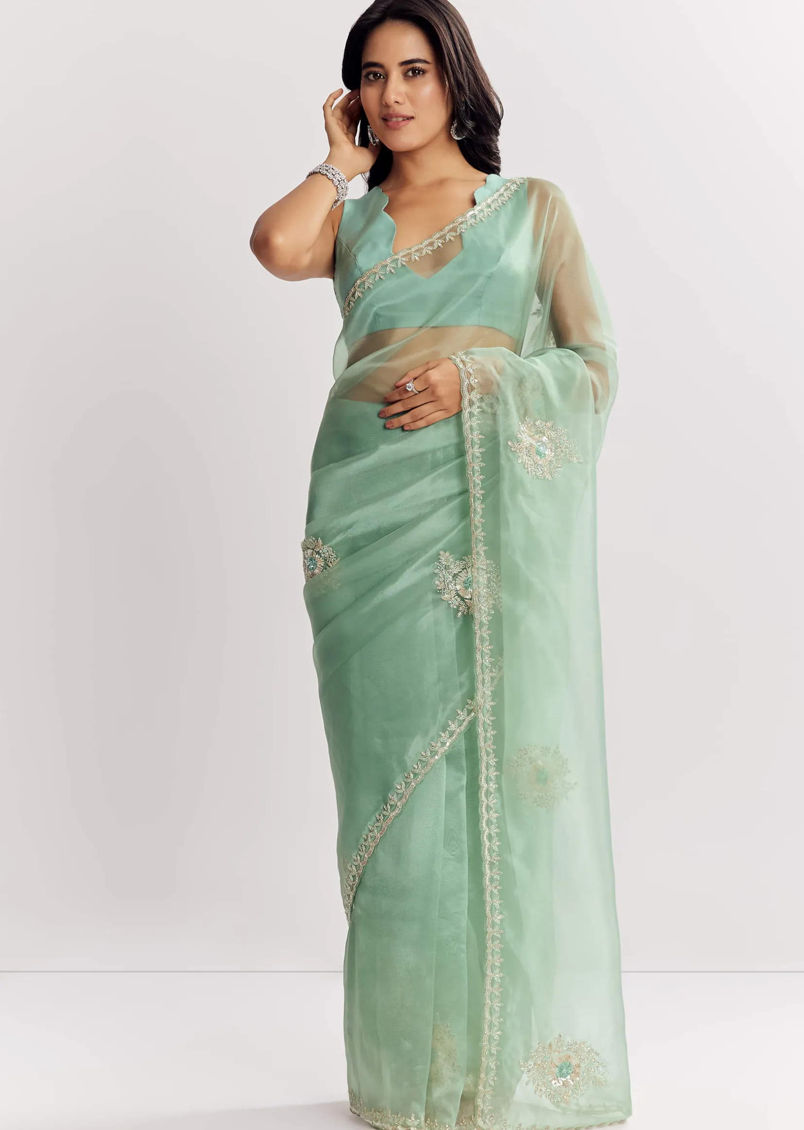 Mint Green Glass Tissue Saree With Cutdana And Sequins Embroidery