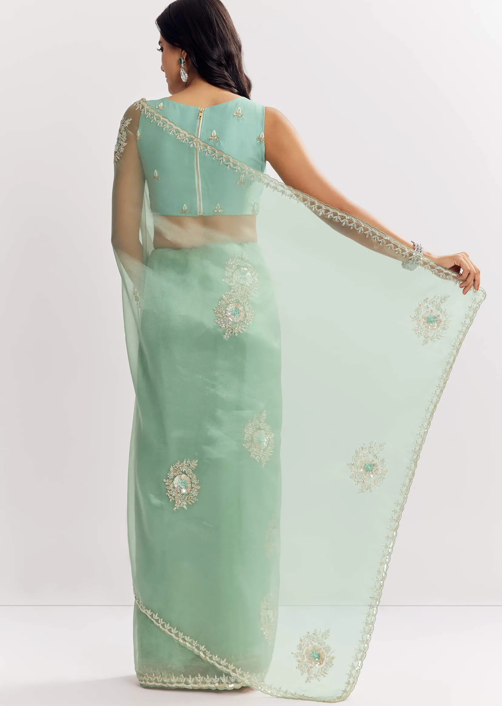 Mint Green Glass Tissue Saree With Cutdana And Sequins Embroidery