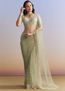 Mint Green Net Saree With Scallop Border And Heavy Embroidery