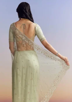 Mint Green Net Saree With Scallop Border And Heavy Embroidery