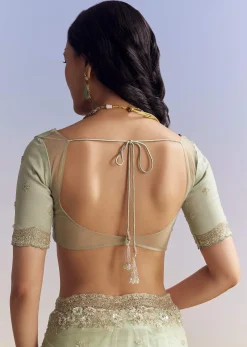 Mint Green Net Saree With Scallop Border And Heavy Embroidery