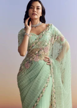 Mint Green Net Saree With Heavily Embroidered Border