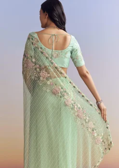Mint Green Net Saree With Heavily Embroidered Border