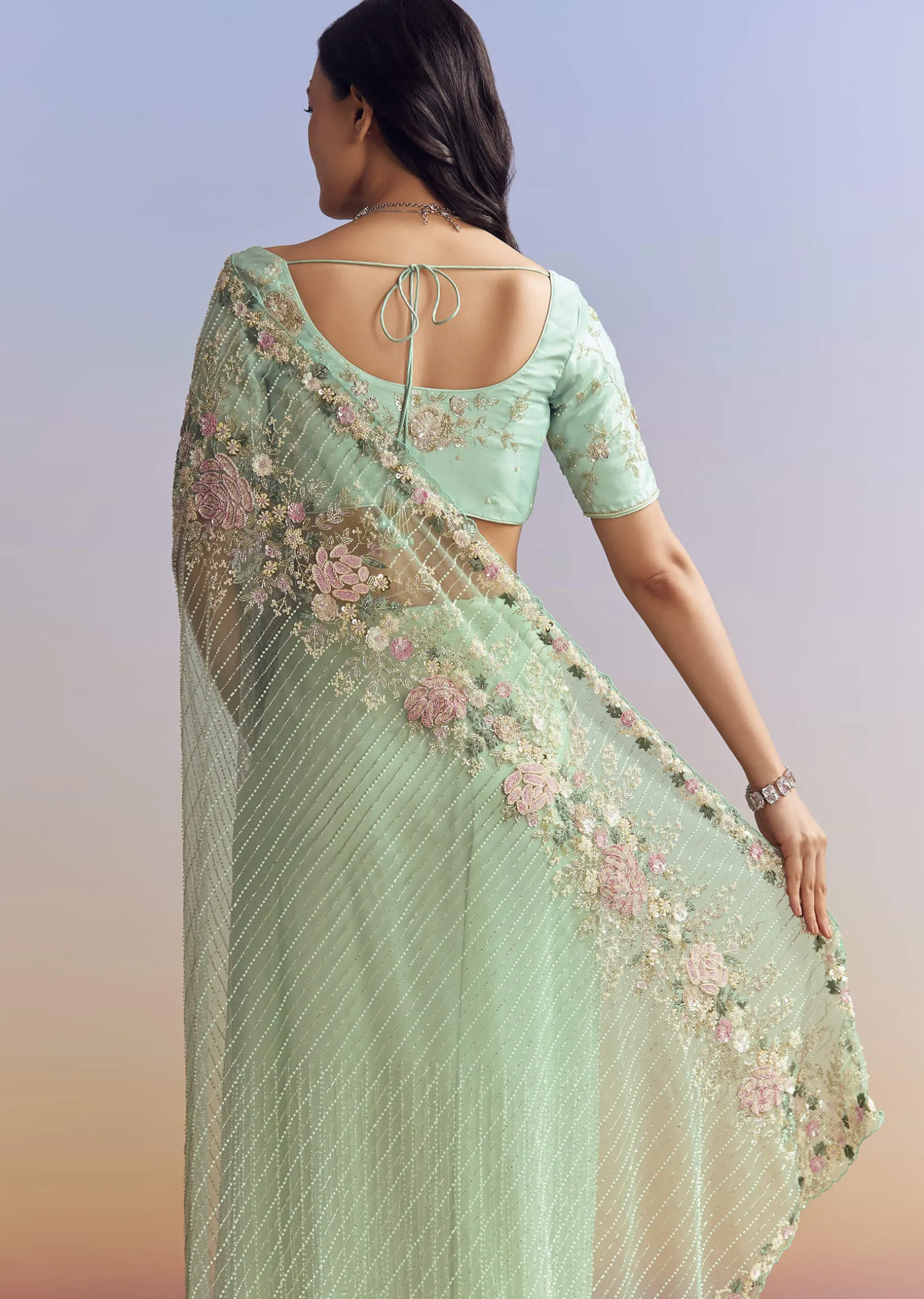 Mint Green Net Saree With Heavily Embroidered Border