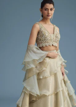 Mint Green Organza Layered Lehenga Set