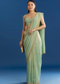 Mint Green Organza Tissue Saree With Subtle Embroidery