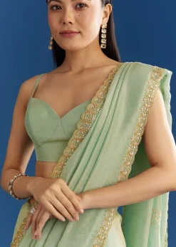 Mint Green Organza Tissue Saree With Subtle Embroidery