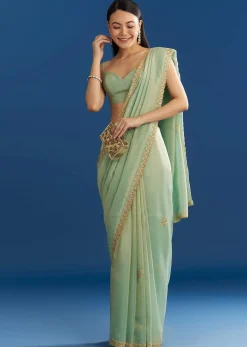Mint Green Organza Tissue Saree With Subtle Embroidery
