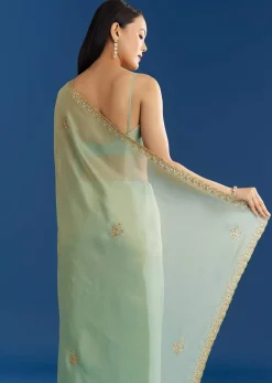 Mint Green Organza Tissue Saree With Subtle Embroidery