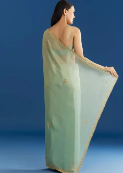 Mint Green Organza Tissue Saree With Subtle Embroidery