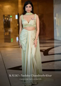 Mint Green Pleated Blouse With Draped Skirt And Choker Dupatta