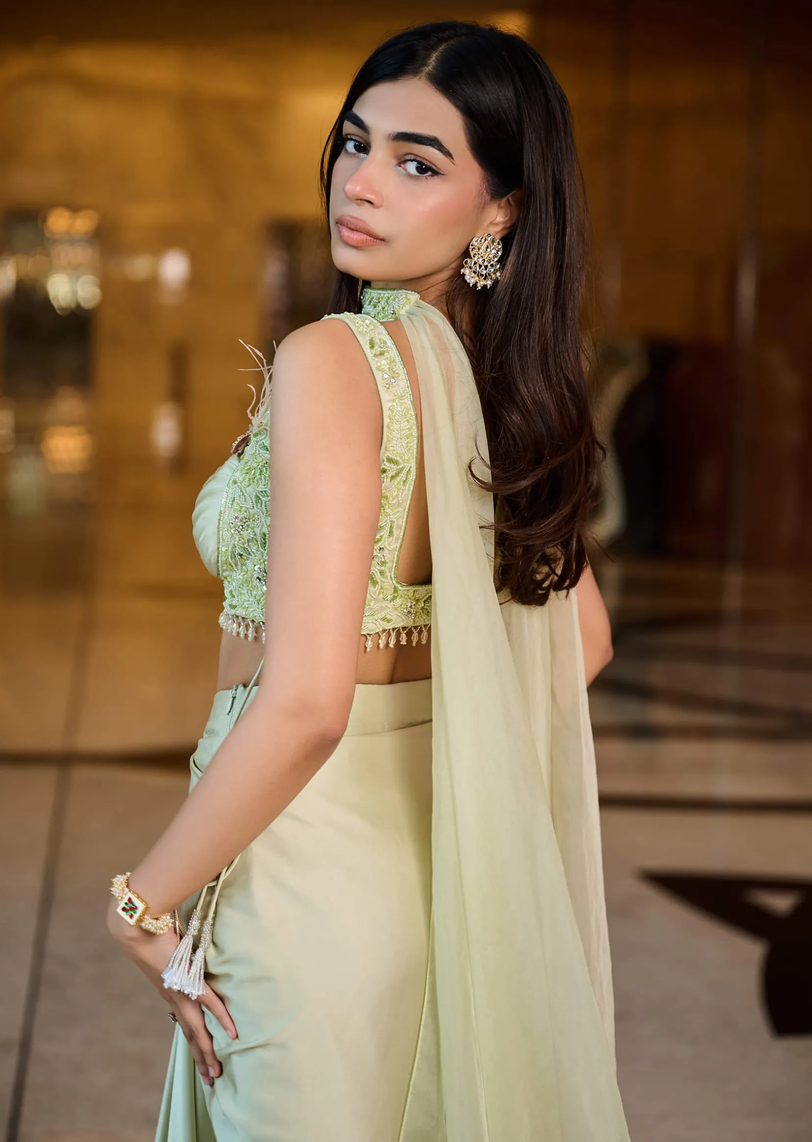 Mint Green Pleated Blouse With Draped Skirt And Choker Dupatta