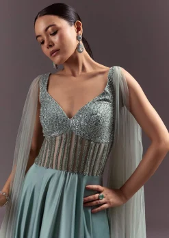 Mint Green Satin Gown With Corset Style Embroidered Bodice