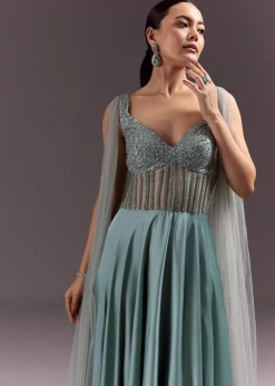 Mint Green Satin Gown With Corset Style Embroidered Bodice