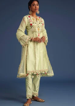 Mint Green Silk Kurta Set With Embroidery