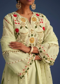Mint Green Silk Kurta Set With Embroidery