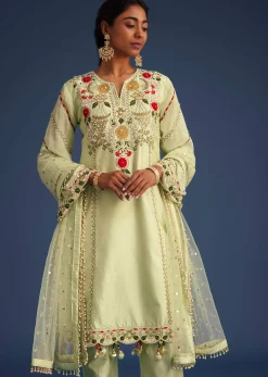Mint Green Silk Kurta Set With Embroidery