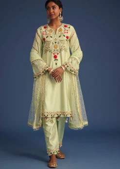 Mint Green Silk Kurta Set With Embroidery
