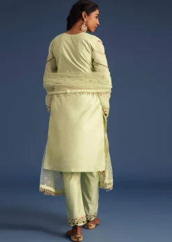 Mint Green Silk Kurta Set With Embroidery