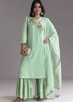 Mint Green Silk Kurta Sharara Set With Gotta Work