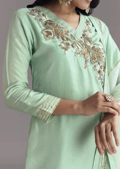 Mint Green Silk Kurta Sharara Set With Gotta Work