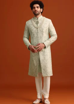 Mint Green Silk Sherwani Set With Sequin Work