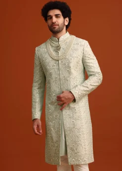 Mint Green Silk Sherwani Set With Sequin Work