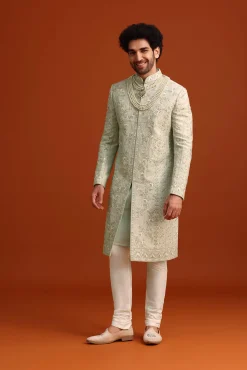 Mint Green Silk Sherwani Set With Sequin Work