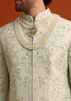 Mint Green Silk Sherwani Set With Sequin Work