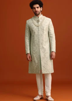 Mint Green Silk Sherwani Set With Sequin Work
