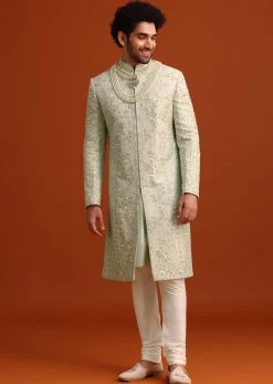 Mint Green Silk Sherwani Set With Sequin Work