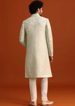 Mint Green Silk Sherwani Set With Sequin Work