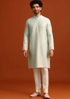 Mint Green Silk Sherwani Set With Sequin Work