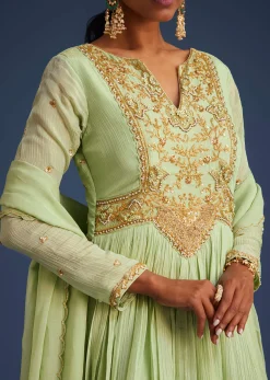 Mint Green Tissue Embroidered Anarkali With Dupatta