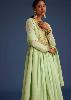 Mint Green Tissue Embroidered Anarkali With Dupatta