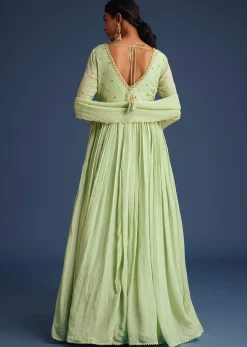 Mint Green Tissue Embroidered Anarkali With Dupatta