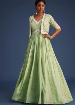 Mint Green Tissue Gown With Embroidered Jacket