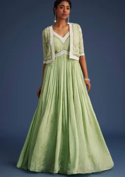 Mint Green Tissue Gown With Embroidered Jacket