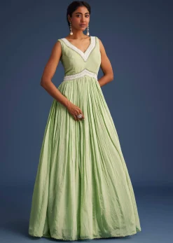 Mint Green Tissue Gown With Embroidered Jacket