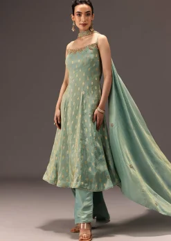Mint Green Tissue Hand Embroidered Kurta Set